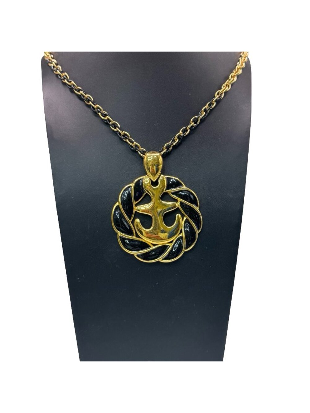 Vintage Anchor Pendant Necklace Gold Tone Black Enamel Nautical Monet 30" Chain